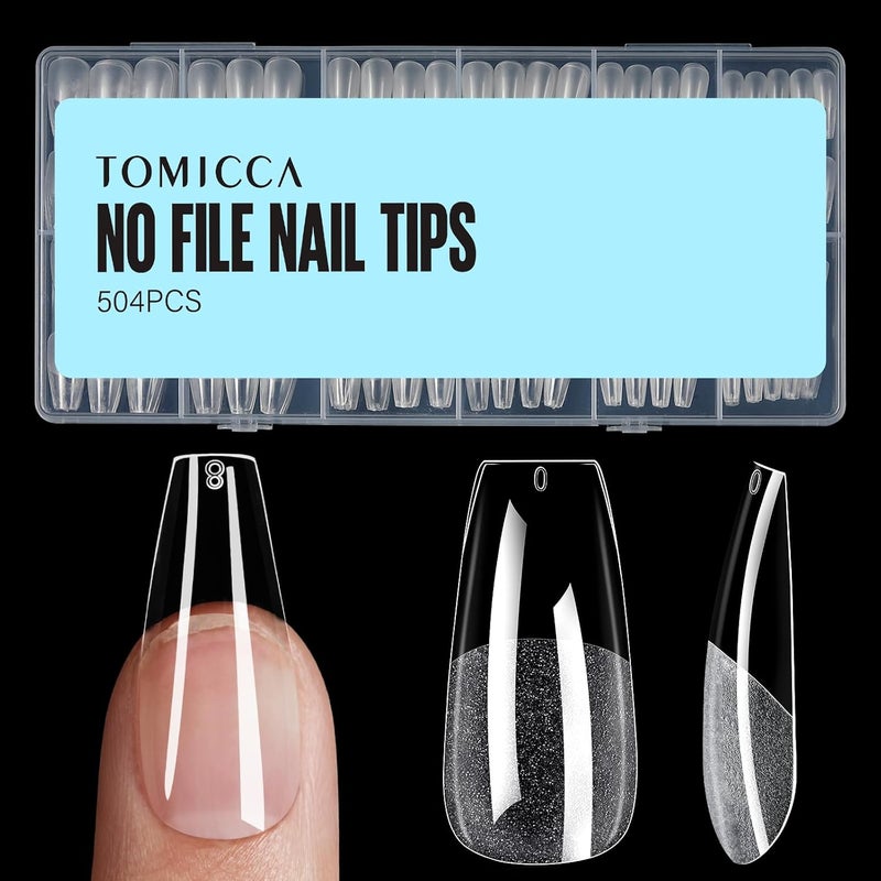 TOMICCA Medium Coffin Nail Tips, 504Pcs Half Matte Soft Acrylic Nail Tips, 12 Sizes Acrylic Pre-Shaped Nails, Full Cover False Nails for Extension Nail - Image 1